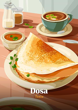 Dosa Illustration with Sambar and Chutney
