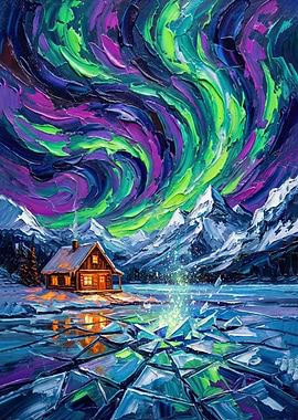 Cabin Under Aurora Borealis Painting