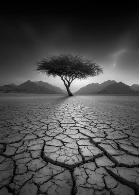 Monochrome Tree in Cracked Earth Landscape