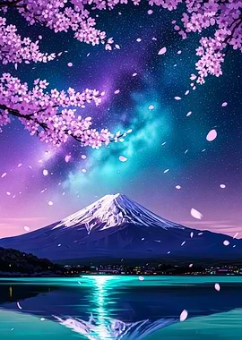 Mount Fuji Cherry Blossom Night