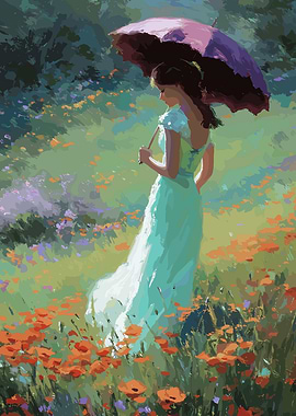 Woman with Umbrella in Flower Field