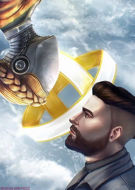 Man Gazing at Angelic Robot