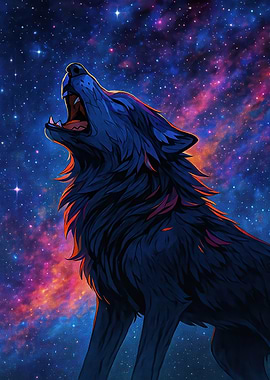 Howling Wolf Against Galaxy Background