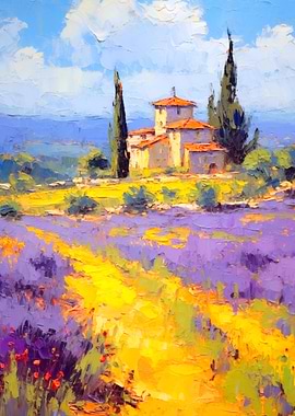 Tuscan Landscape Painting with Lavender Field