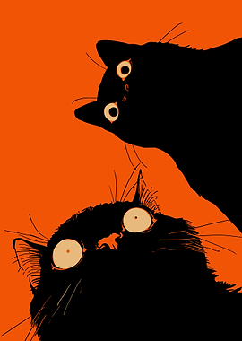 Two Black Cats on Orange Background