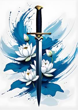 Sword and Lotus Flowers Illustration