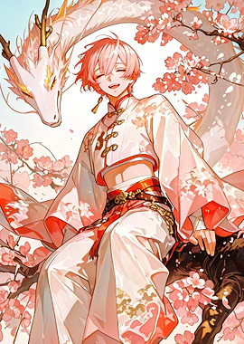 Anime Boy with Dragon and Cherry Blossoms
