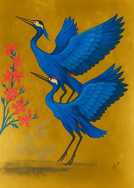 Blue Cranes and Flowers Painting