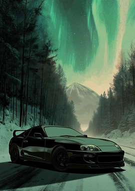 Black Supra under Aurora Borealis