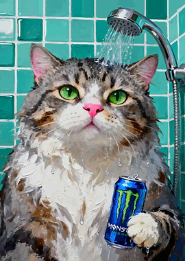 Cat Showering with Monster Energy Drink