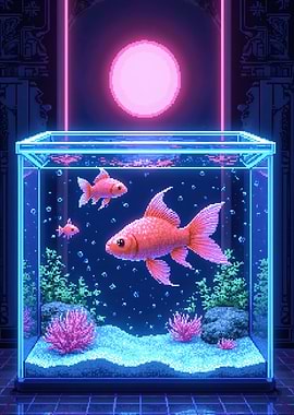 Pixel Art Goldfish in Neon Aquarium