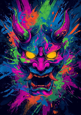 Colorful Oni Mask with Splatter Paint