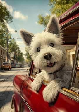 West Highland White Terrier in Red Car