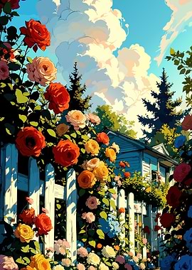 Rose Garden by a White Fence