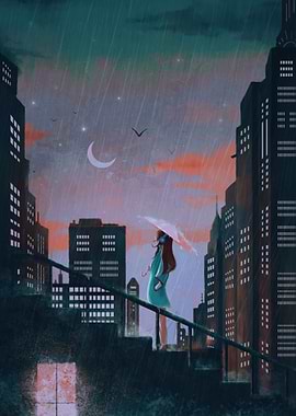 Rainy Cityscape with Girl and Umbrella