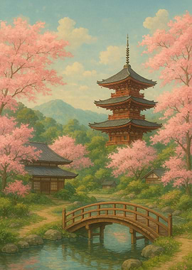 Japanese Pagoda and Cherry Blossoms Landscape