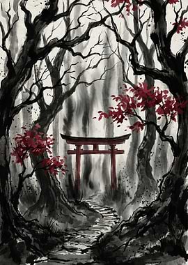 Japanese Torii Gate in Forest Ink