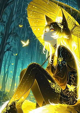 Anime Fox Girl in Rainy Forest