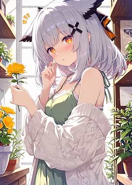 Anime Girl with Flower in Garden