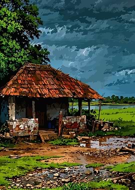Rural House Under Stormy Sky