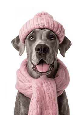 Cozy Great Dane with Pink Hat and Scarf