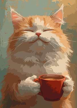 Cat with Coffee Painting Art