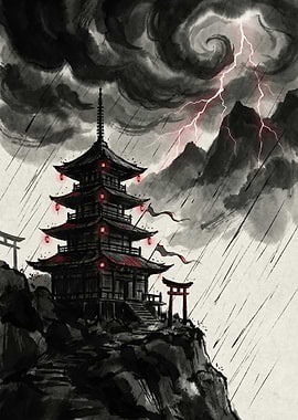 Japanese Pagoda in Storm