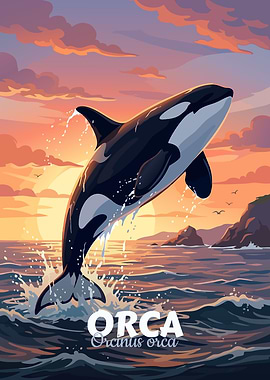 Orca Breaching at Sunset Illustration