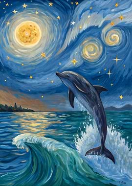 Starry Leap: Dolphin Jumping Under a Swirling Starry Sky – Van Gogh-Inspired Ocean Art
