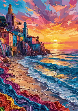 Colorful Coastal Village at Sunset Painting