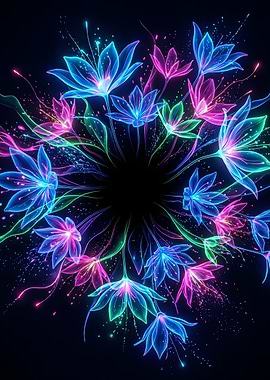Neon Floral Burst on Black