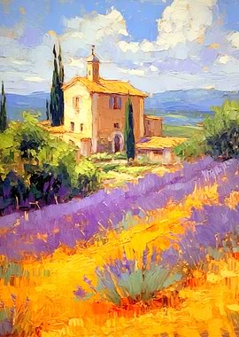 Tuscan Landscape Painting with Lavender Field