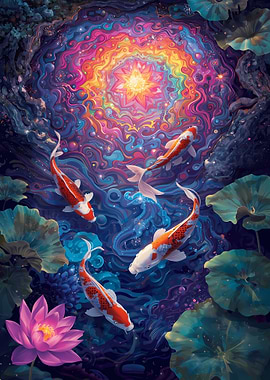 Koi Fish Pond with Colorful Mandala