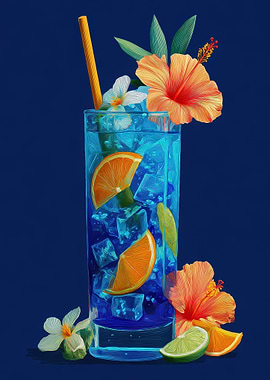 Blue Cocktail with Citrus and Flowers