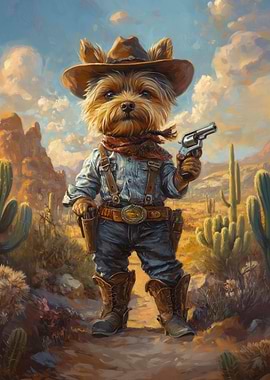Yorkshire Terrier Dog Cowboy with Gun in Desert | Rustic Western Dog Portrait