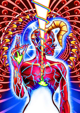 Surreal Horned Figure with Rainbow Energy