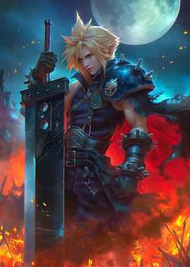 Cloud Strife in Fiery Landscape