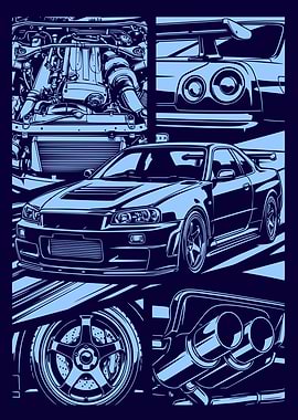 Skyline R34 Manga Style Illustration