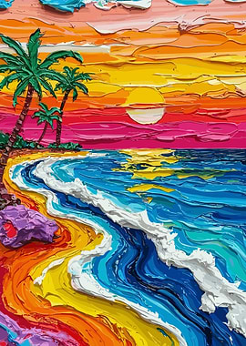 Colorful Impasto Beach Sunset Painting