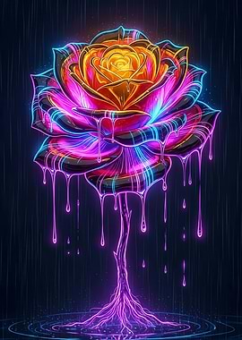 Neon Rose Dripping in the Rain
