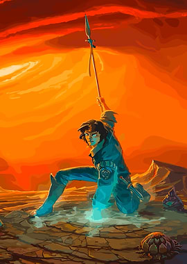 Warrior with Spear in Fantasy Landscape