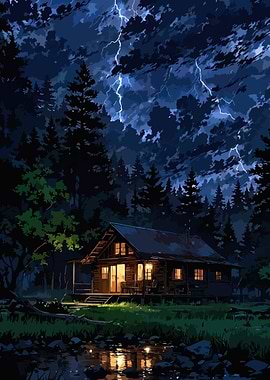Cabin in the Woods at Night