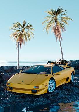 Yellow Lamborghini on a Tropical Beach