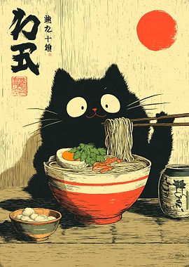 Black Cat Eating Ramen Illustration
