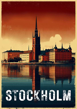 Stockholm Cityscape Vintage Travel Poster