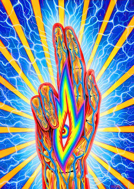 Anatomical Hand with Rainbow Eye Flame
