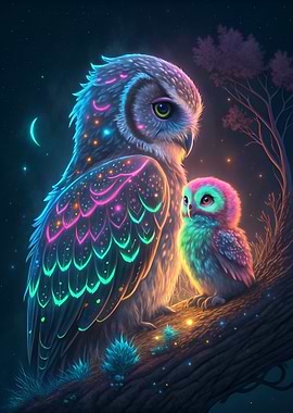 Neon Owls on Branch at Night