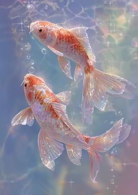 Two iridescent yin yang Koi Fish in Water