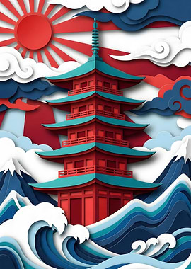 Japanese Pagoda Paper Cut Illustration