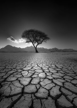 Monochrome Tree in Cracked Earth Landscape